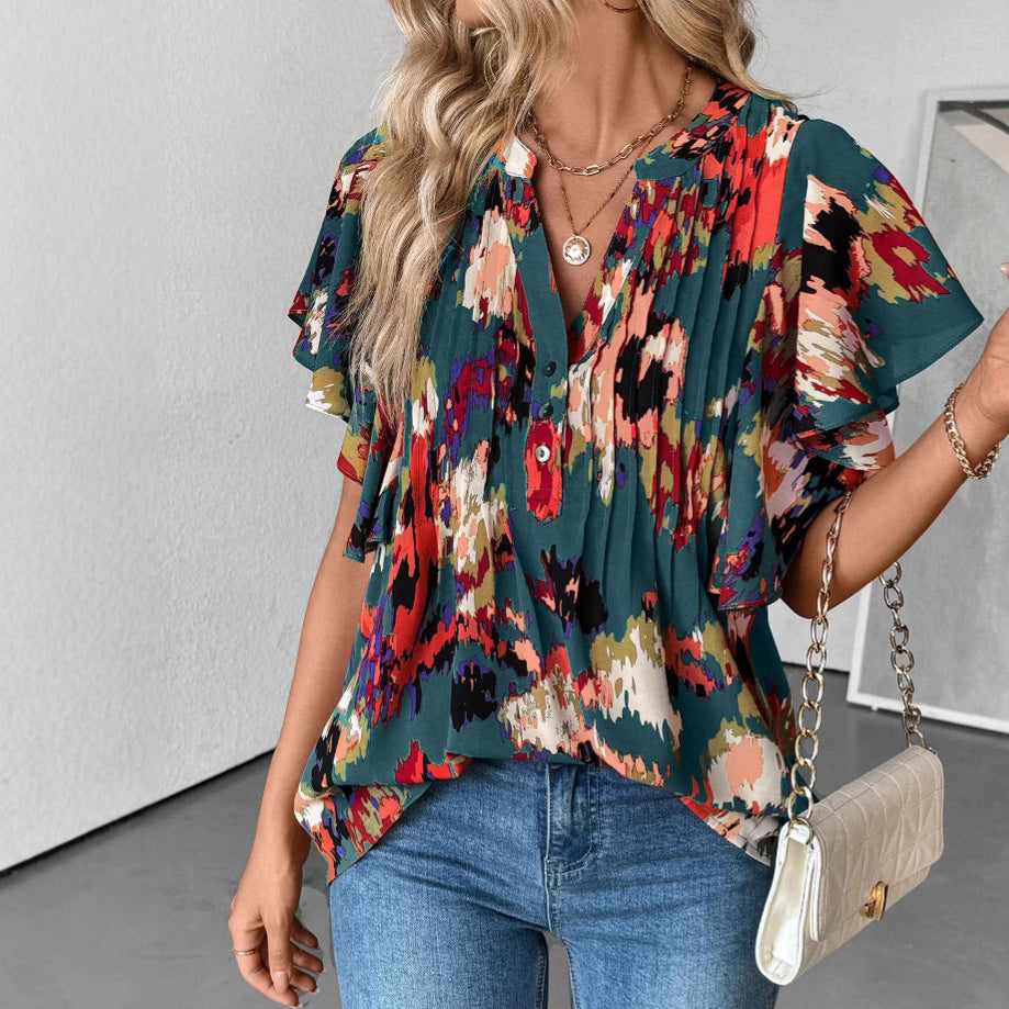 Damen Bluse mit eleganten Rüschendetails und verspieltem Print W&W Mode