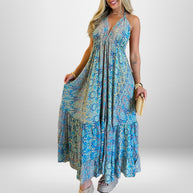 Damen Maxikleid im verspielten Boho-Stil mit tiefem V-Ausschnitt und schwingendem Rock WW
