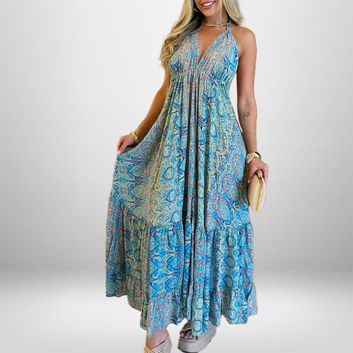 Damen Maxikleid im verspielten Boho-Stil mit tiefem V-Ausschnitt und schwingendem Rock WW
