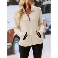 Damen Bequemer Hoher Kragen Fleece Pullover mit Reißverschlussklappe WW
