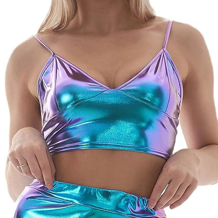 Damen Crop-Top mit glänzender Metalloptik und verstellbaren Trägern W&W Mode