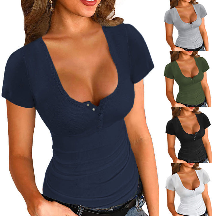 Damen figurbetontes T-Shirt mit eleganter Knopfleiste und tiefem V-Ausschnitt WW