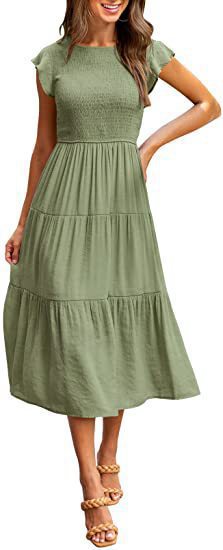 Damen Midi-Kleid mit elastischem Oberteil und voluminösem Saum WW