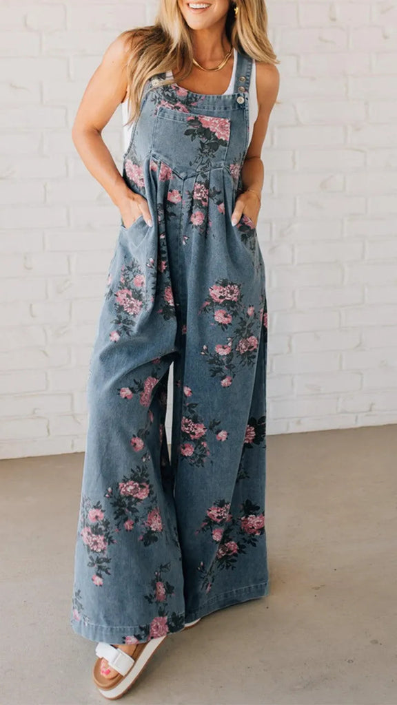 Damen lässiger Jeansoverall mit floralen Details und praktischen Taschen WW