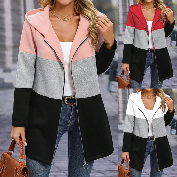 Damen modische Kapuzensweatjacke mit Farbblockdesign und bequemer Passform WW