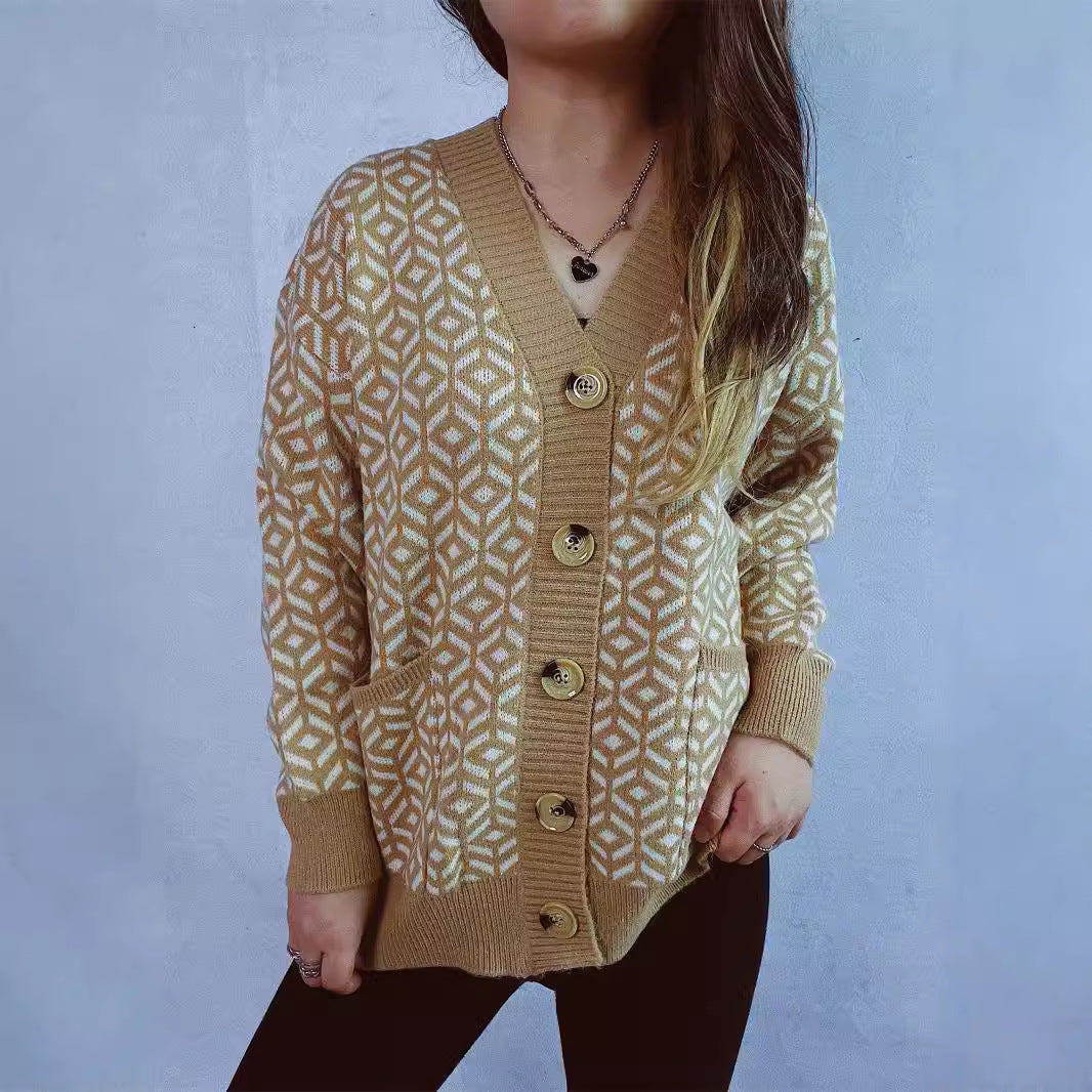 Damen Strickjacke mit geometrischem Muster und Knopfdetails WW
