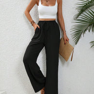 Damen elegante weite Hose aus leichtem Baumwollgemisch mit Gummizug WW