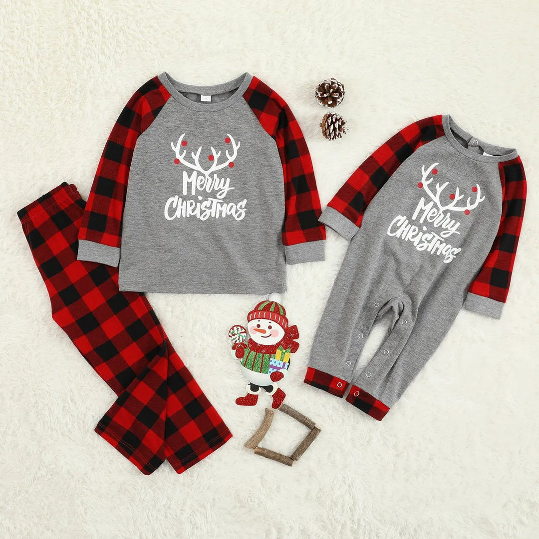 W&W Mode | Weihnachts-Kartoon-Katzenmuster "Meowy Christmas" Buchstabenprint Kontrastoberteil und Karopants Familienpassende Pyjama-Set mit Hundebandana