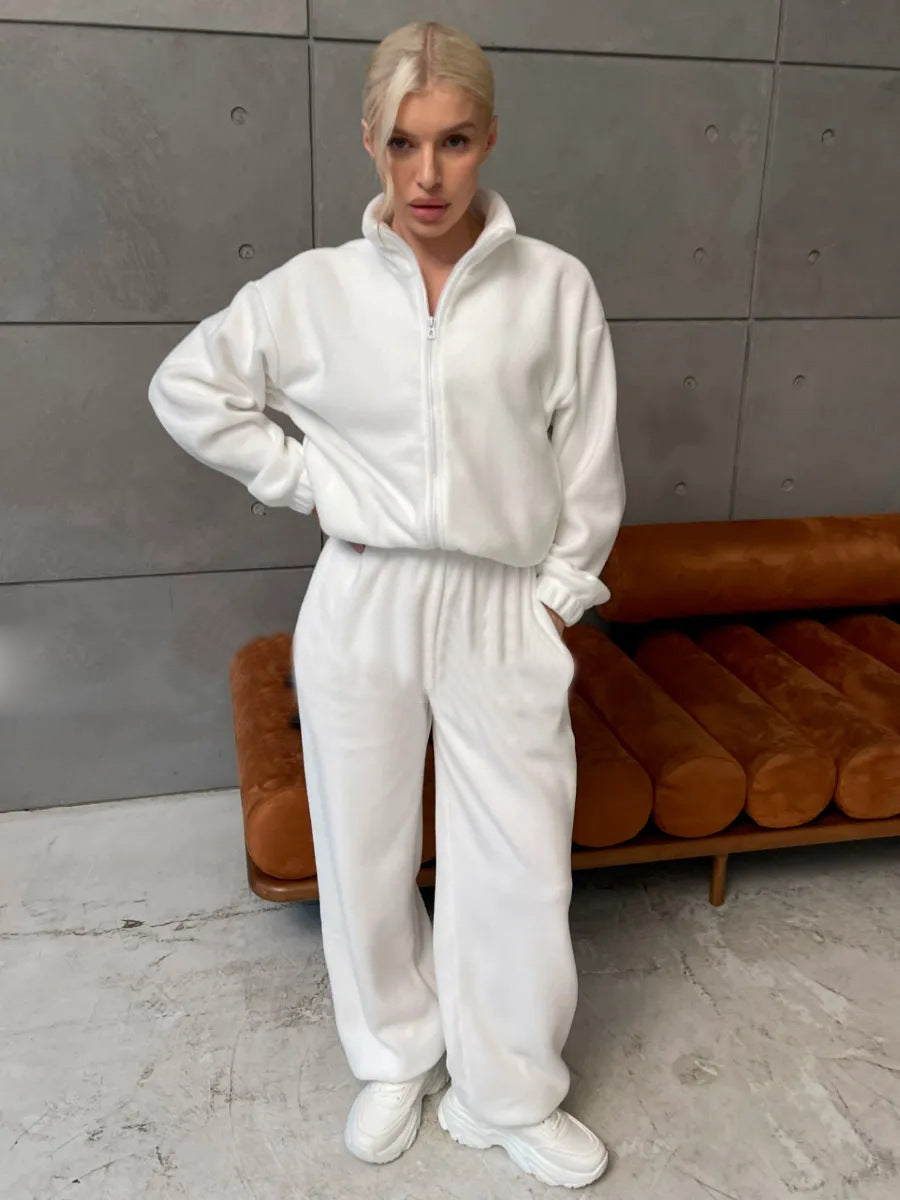 Damen bequemer Fleece-Jogginganzug mit hochschließendem Reißverschluss und weitem Schnitt WW