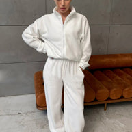 Damen bequemer Fleece-Jogginganzug mit hochschließendem Reißverschluss und weitem Schnitt WW