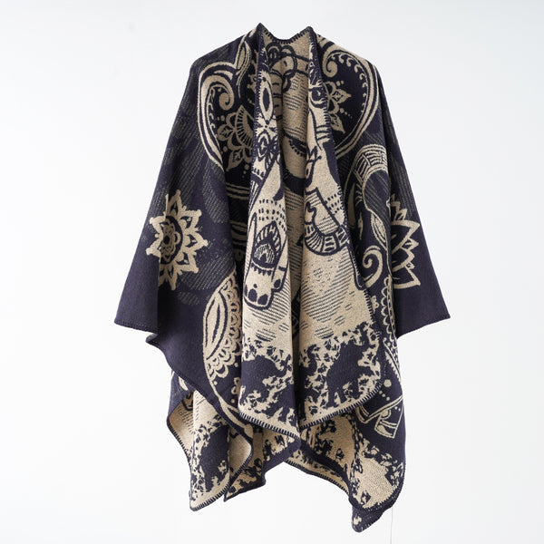 Damen eleganter Übergang-Poncho mit kunstvollem floralen Muster und fransigen Abschlüssen WW