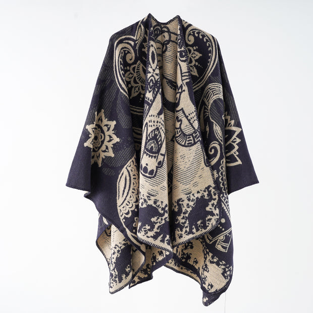 Damen eleganter Übergang-Poncho mit kunstvollem floralen Muster und fransigen Abschlüssen WW