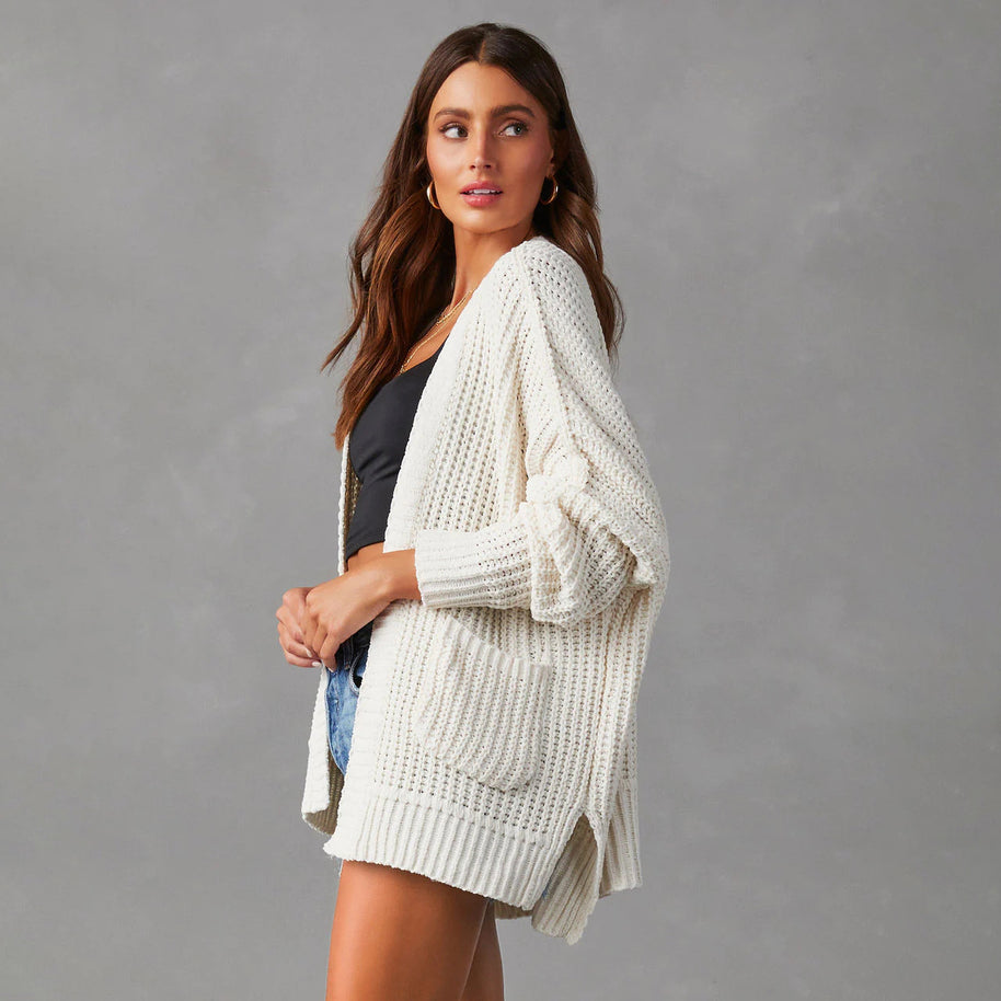 Damen Relaxed Strickjacke mit Taschen und offener Front WW