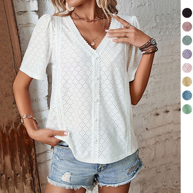 Damen Bluse mit eleganten Puffärmeln und feinem Lochmuster WW