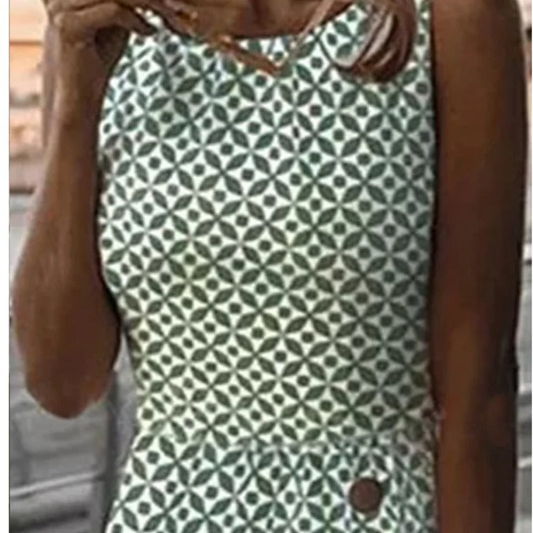 W&W Mode | Ärmelloses bedrucktes grünes Knopf-Casual-Kleid