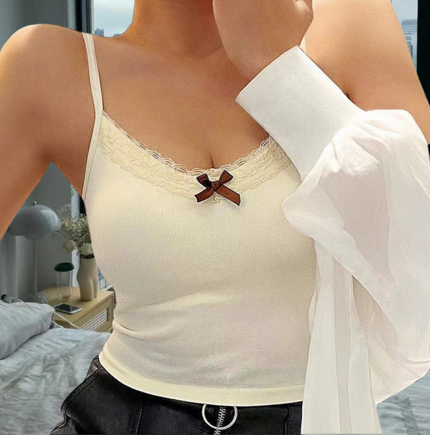Damen Spaghetti-Trägershirt mit Spitzenbesatz und Schleifendetail WW