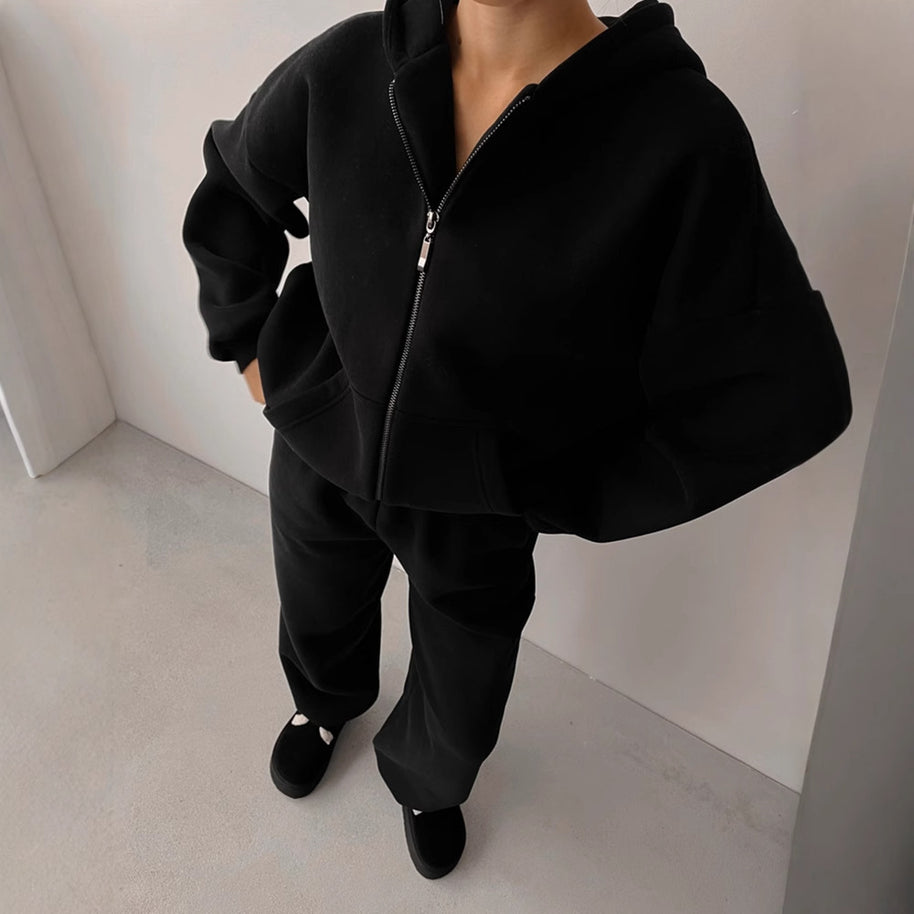 Damen Bequemes Zweiteiliges Fleece-Outfit mit Kapuze WW