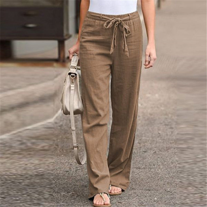 Damen bequeme Leinenhose mit elastischem Bund und verstellbarem Bindegürtel WW