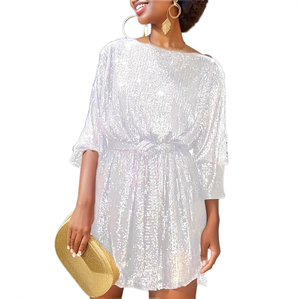 Damen Glitzerndes Festkleid mit weitem Schnitt und lässigen Ärmeln WW