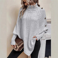 Damen Strickpullover mit modernem Rollkragen und dekorativen Knöpfen WW
