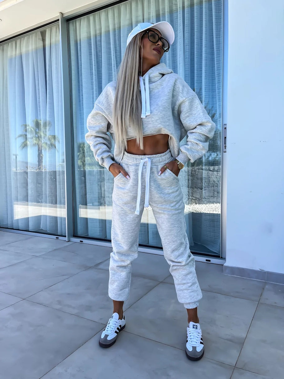 Damen bequemer Cropped Hoodie mit elastischem Bund und lässiger Jogginghose Set WW