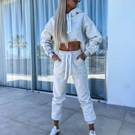 Damen bequemer Cropped Hoodie mit elastischem Bund und lässiger Jogginghose Set WW
