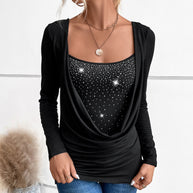 WW | Strassbesetztes Fake-Zweiteiliges Langarmshirt