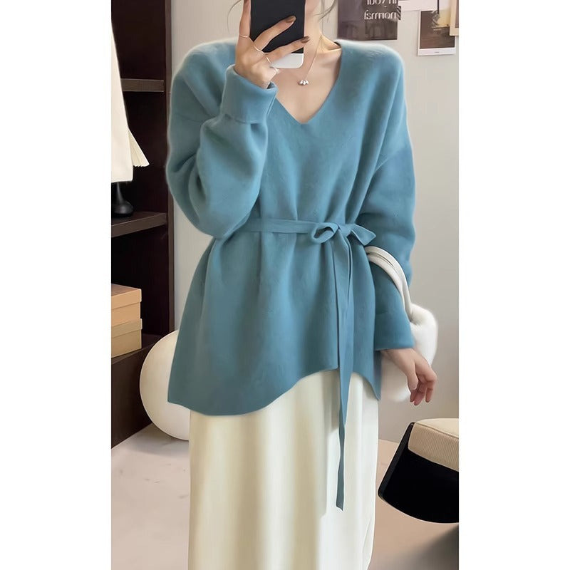 Damen Strickpullover mit V-Ausschnitt und Taillengürtel WW