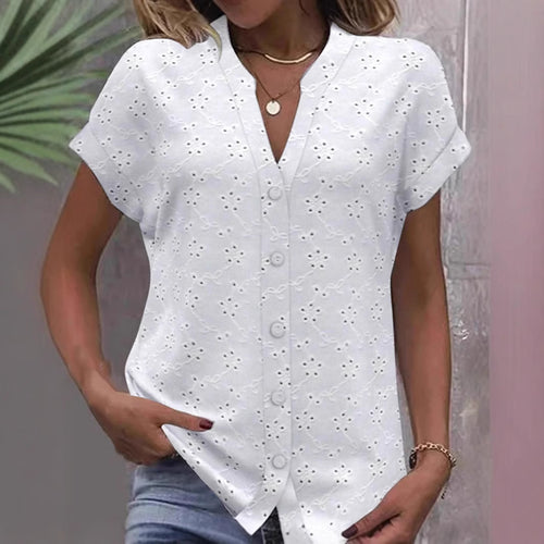 Damen luftige Bluse mit floralen Lochstickereien und durchgehender Knopfleiste WW