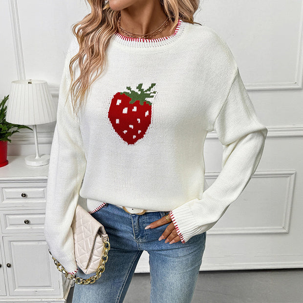Damen Strickpullover mit fruchtigem Erdbeer-Motiv und lässigem Schnitt WW