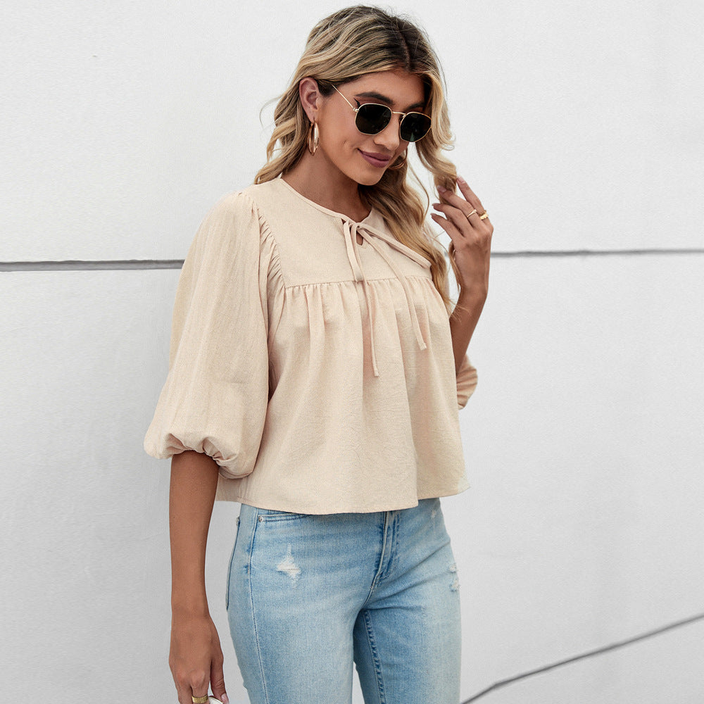 Damen Blusenshirt mit eleganten Puffärmeln und schickem Kordelzug W&W Mode