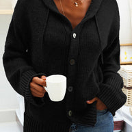 Damen bequeme Strickjacke mit Kapuze und Knopfverschluss WW