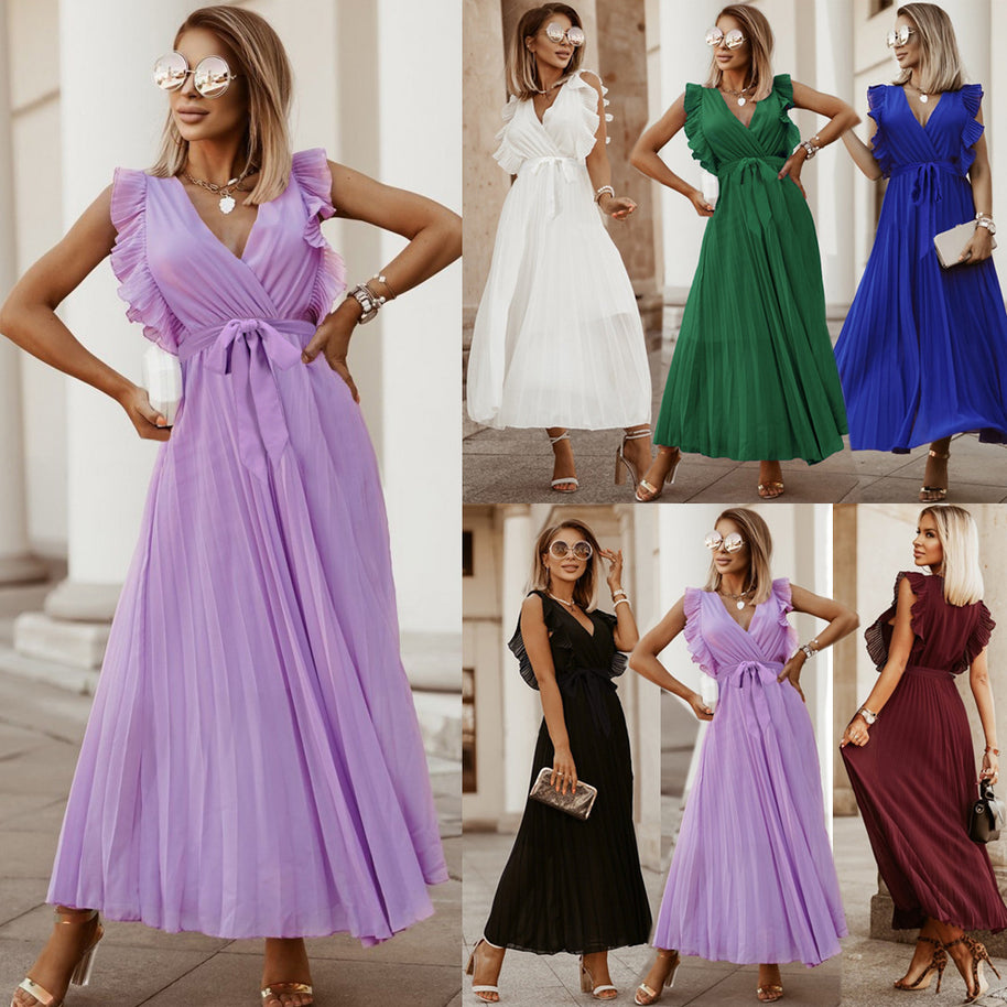 Damen Plissee Maxikleid mit Wickeloptik und taillierbarem Gürtel WW