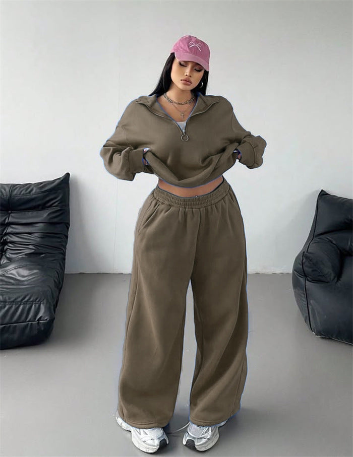 Damen Sportliches und lässiges Fleece-Set mit halbem Reißverschluss WW