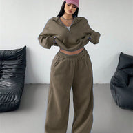 Damen Sportliches und lässiges Fleece-Set mit halbem Reißverschluss WW