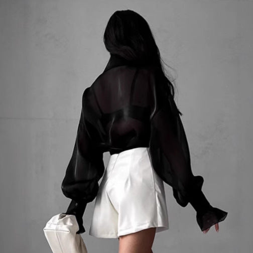 Damen Transparente Bluse mit voluminösen Ärmeln und eleganten Rüschendetails WW