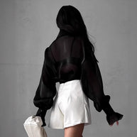 Damen Transparente Bluse mit voluminösen Ärmeln und eleganten Rüschendetails WW