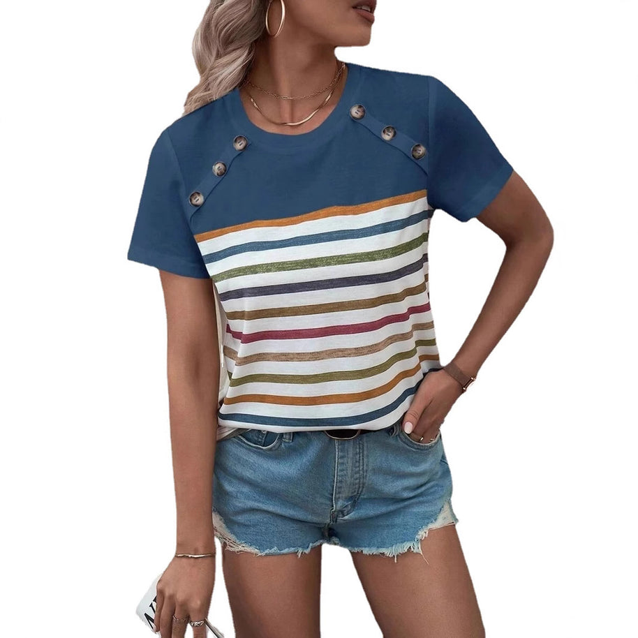 Damen gestreiftes T-Shirt mit modischen Knopfdetails und Rundhalsausschnitt WW
