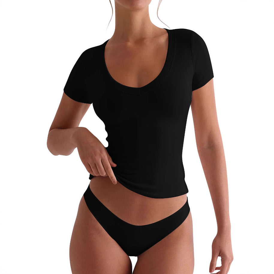 Damen figurbetontes V-Neck T-Shirt mit kurzen Ärmeln WW