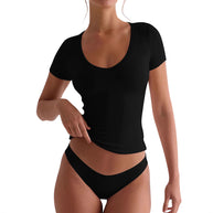 Damen figurbetontes V-Neck T-Shirt mit kurzen Ärmeln WW