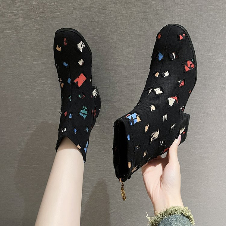 Damen Modische Ankle-Boots mit kreativem Geometrie-Druck und elegantem Reißverschluss W&W