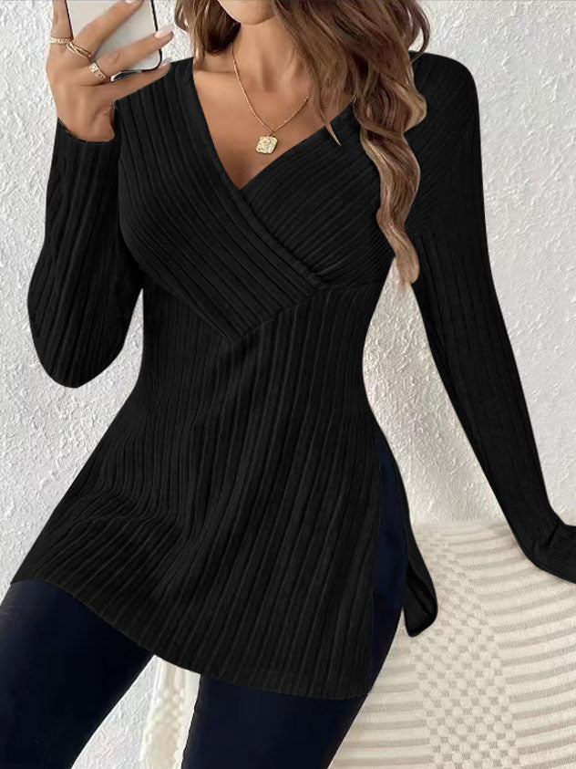 Damen elegantes Langarmshirt mit Wickeldesign und strukturierter Rippoptik WW