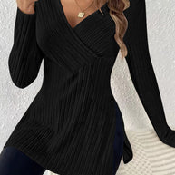 Damen elegantes Langarmshirt mit Wickeldesign und strukturierter Rippoptik WW