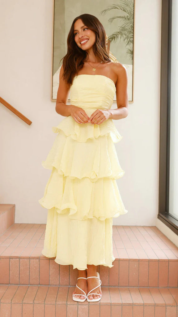 Damen Maxi-Rüschenkleid mit trägerlosem Design und fließendem Rock WW