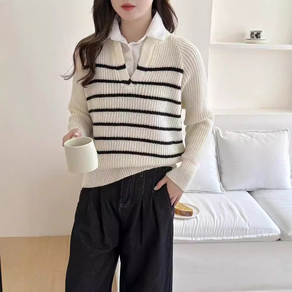 Damen Strickpullover mit V-Ausschnitt und gestreiftem Design WW