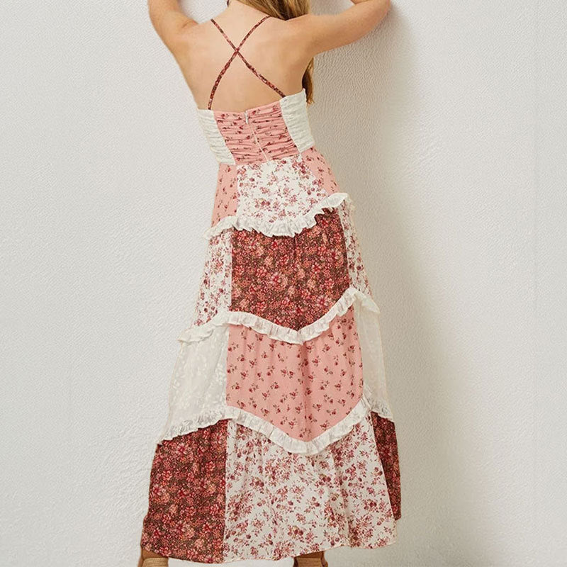Damen Maxikleid mit zarten Rüschen und floralen Patchwork-Design W&W Mode