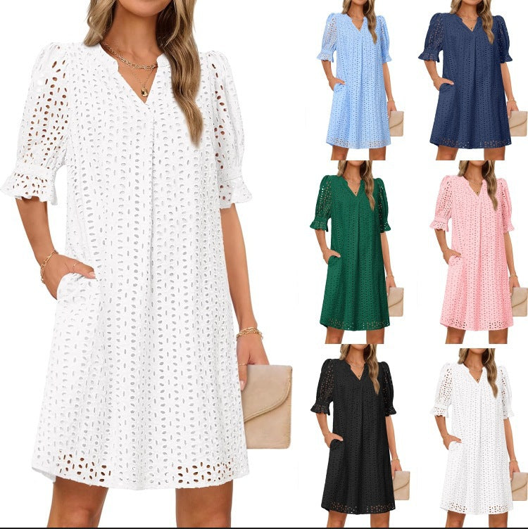 Damen luftiges Sommerkleid mit romantischem Lochmuster und praktischen Taschen W&W Mode