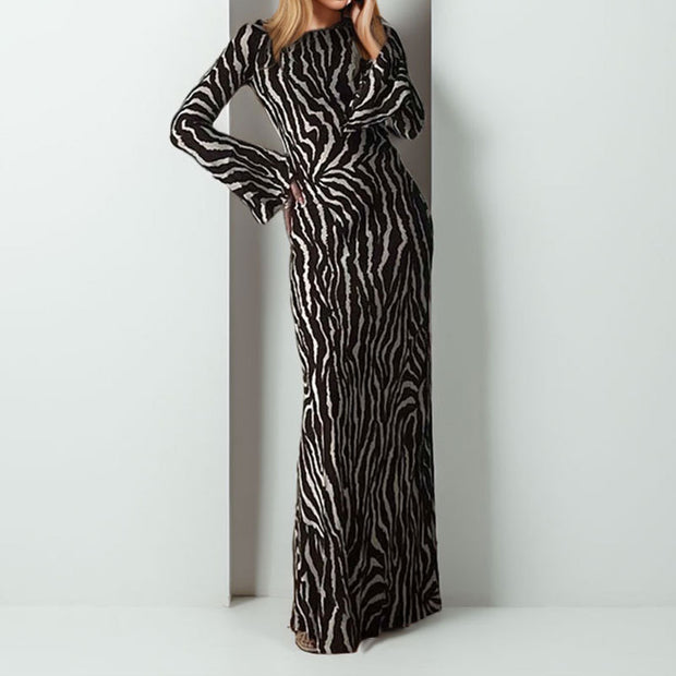 Damen Maxikleid mit einem modernen Zebra-Print und asymmetrischem Schnitt WW