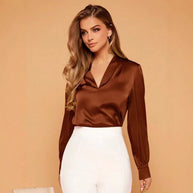 Damen Satinbluse mit elegantem V-Ausschnitt und weiten Ärmeln WW