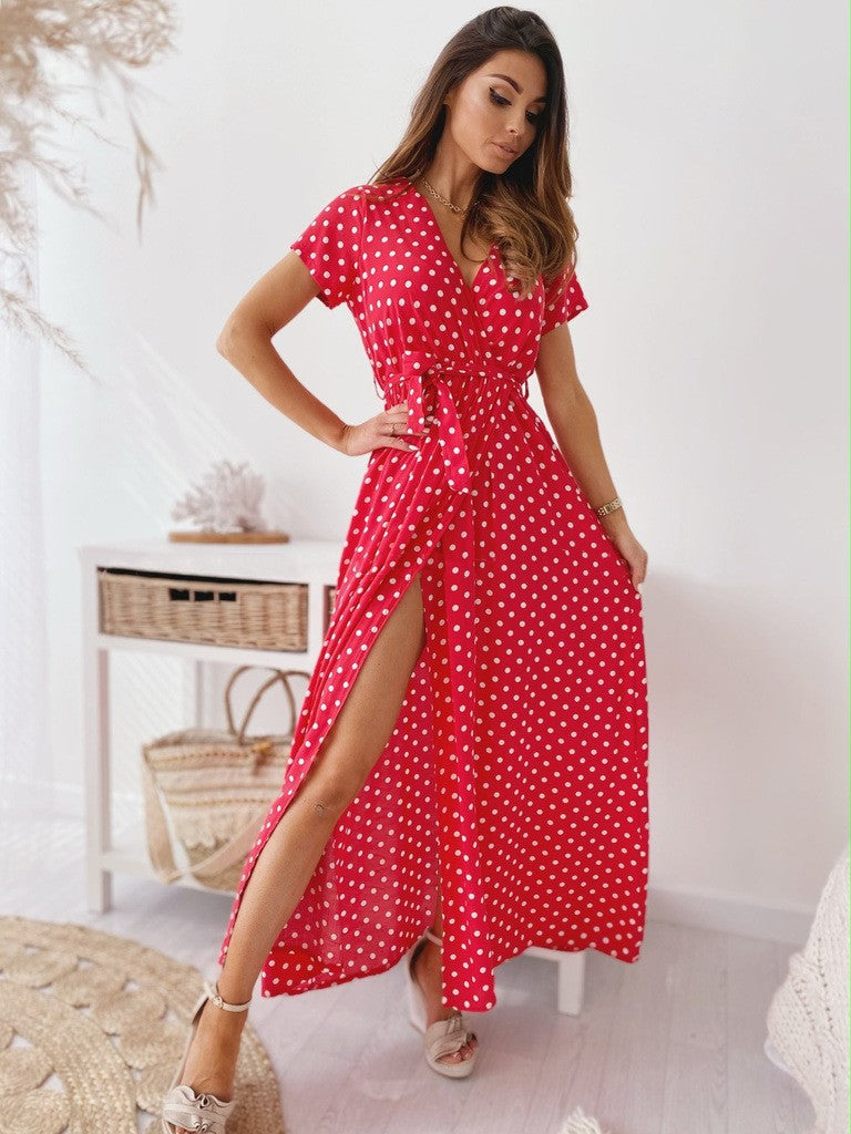 WW | Gedrucktes Polka-Dot-Band Taille Maxi Kleid